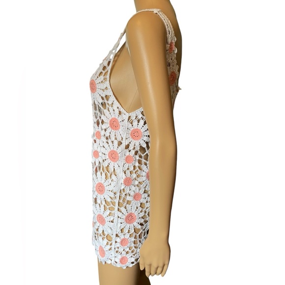 Hobie Pink White Sheer Crochet Boho Hippie Earthy Floral Daisy Micro Mini Dress - Picture 3 of 7